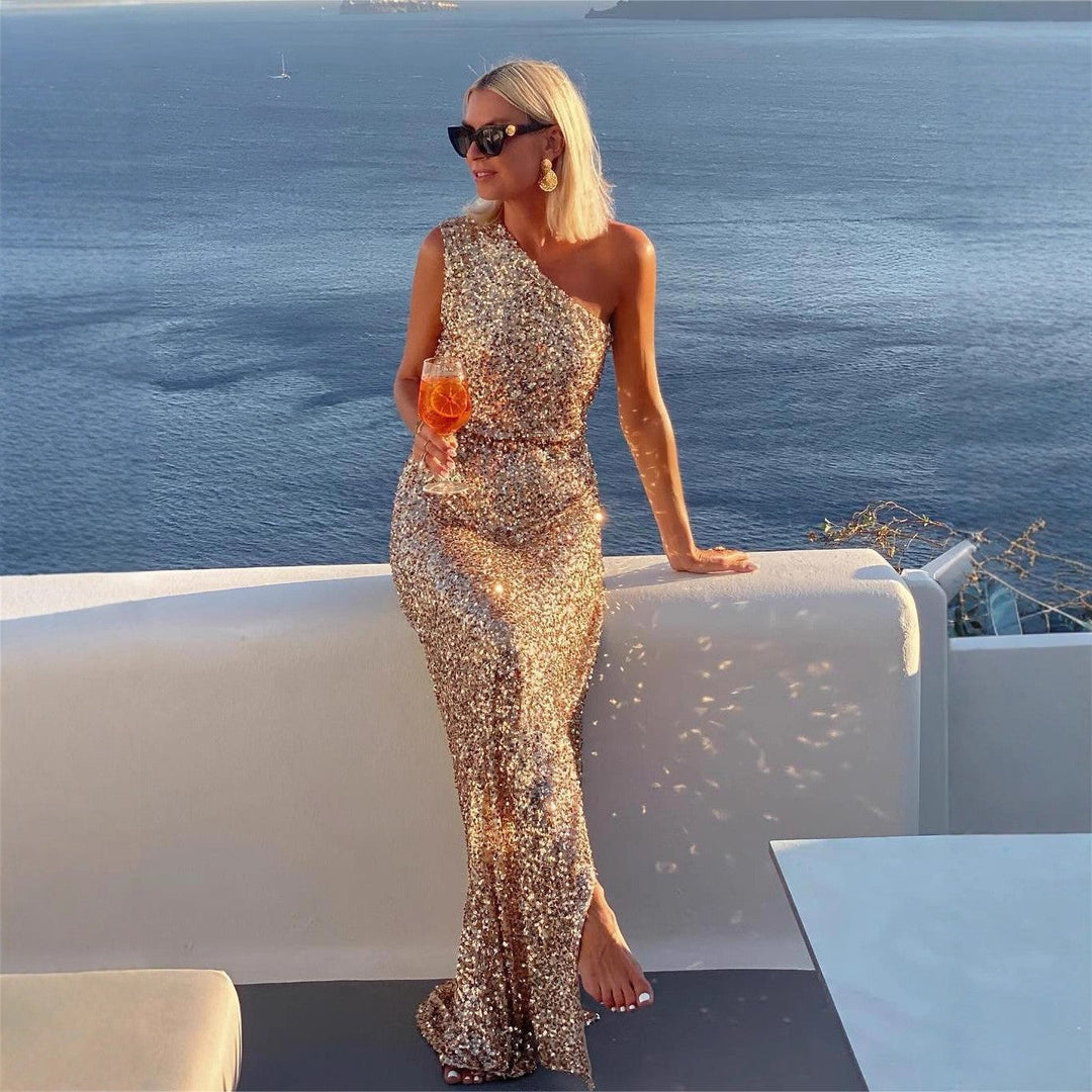 Aria One-Shoulder Sequin Evening Dress with Side Slit Foto 3
