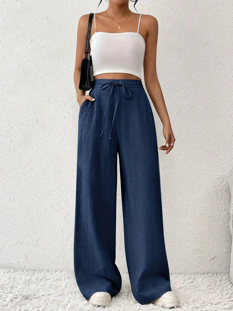 Beth Wide-Leg Linen Trousers with Drawstring Waist Foto 2