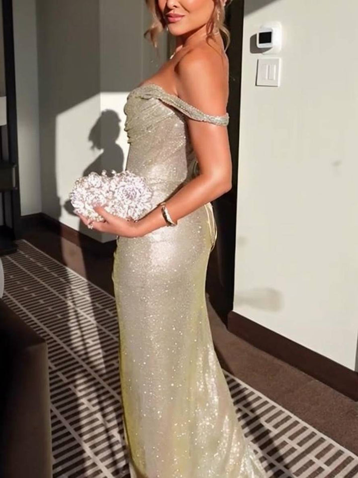 Bethany Off-Shoulder Glitter Evening Dress with Side Slit Foto 4