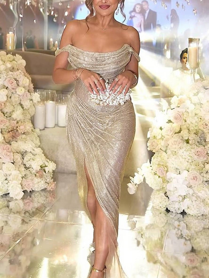 Bethany Off-Shoulder Glitter Evening Dress with Side Slit Foto 5