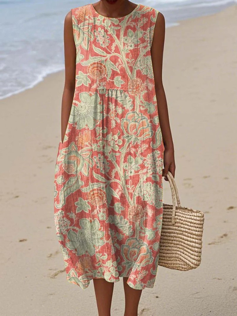 Betsy Linen Beach Dress with Coral Leaf Print Foto 1
