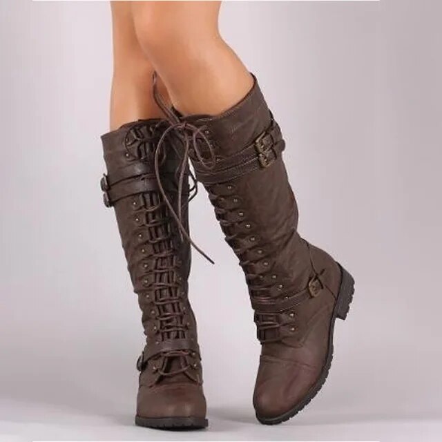 Black Boots Women's Retro Lace-Up Style in Brown