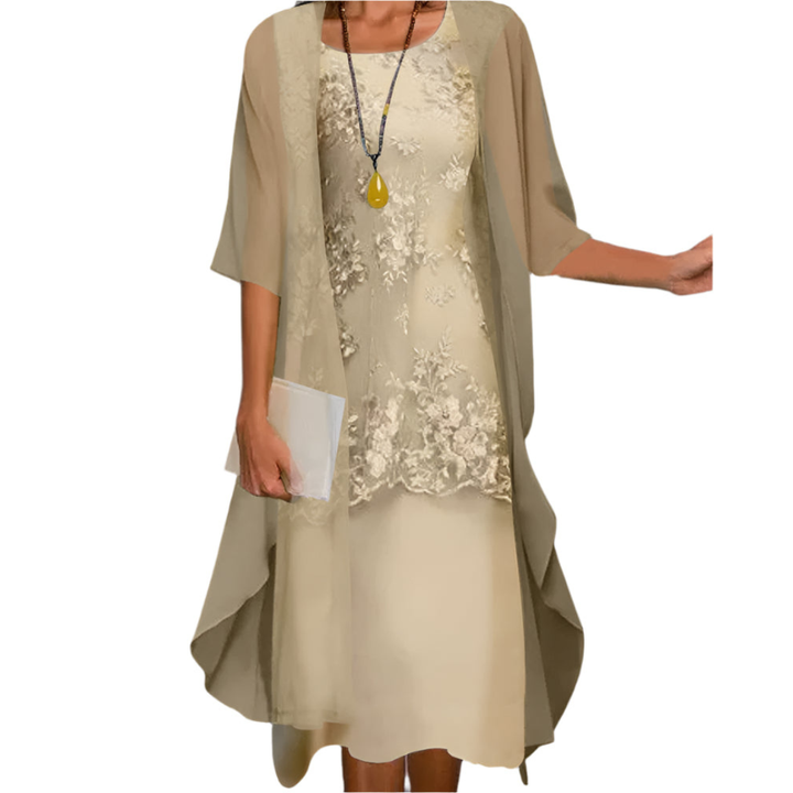 Charlotte Flowy Midi Wedding Guest Dress with Sheer Sleeves Foto 2