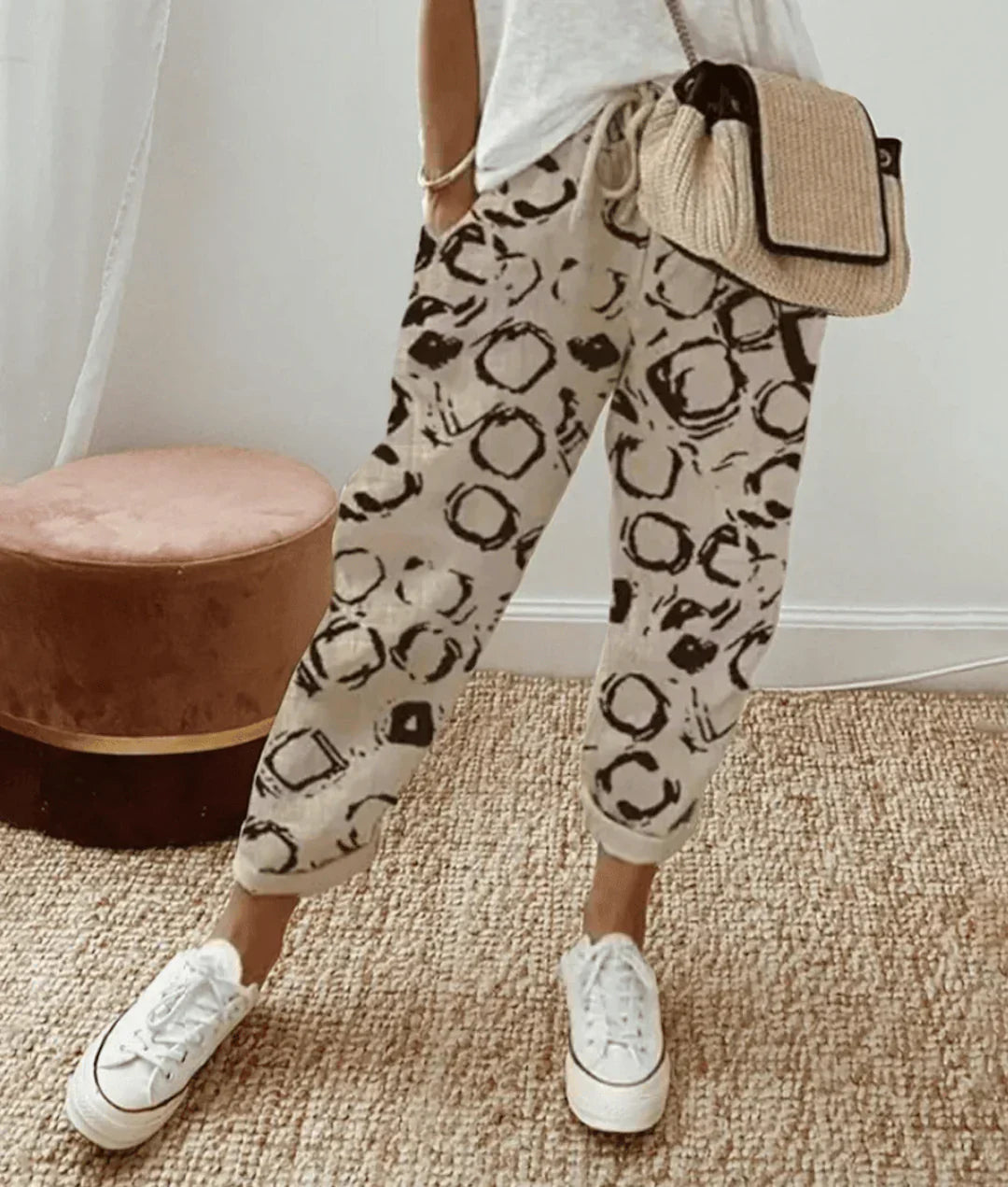 Comfortable Linen Drawstring Pants in Beige (mit Kreismuster)