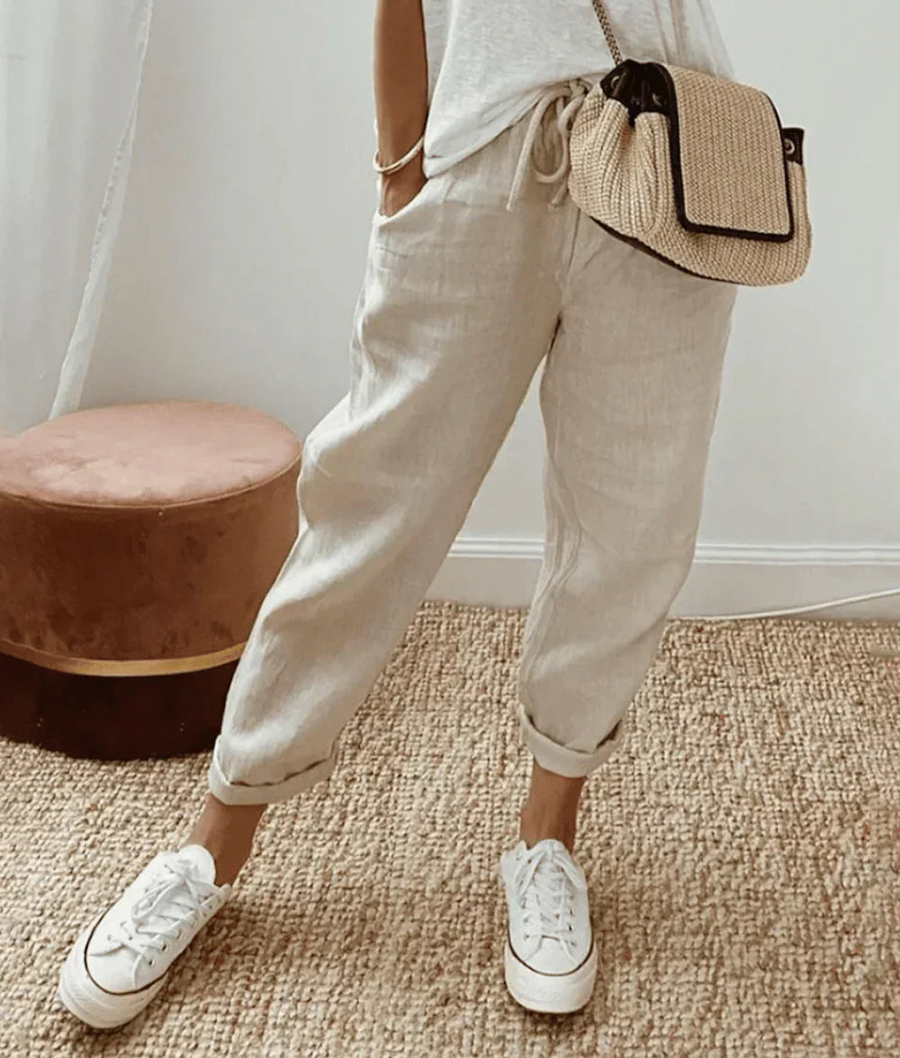Comfortable Linen Drawstring Pants in Beige
