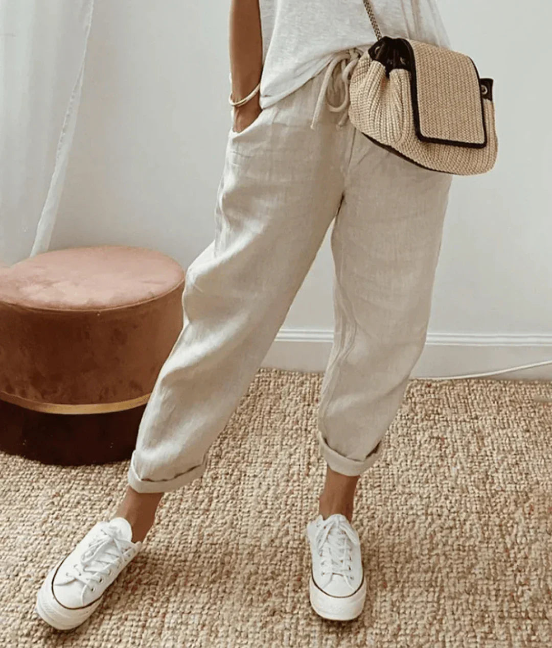 Comfortable Linen Drawstring Pants in Beige