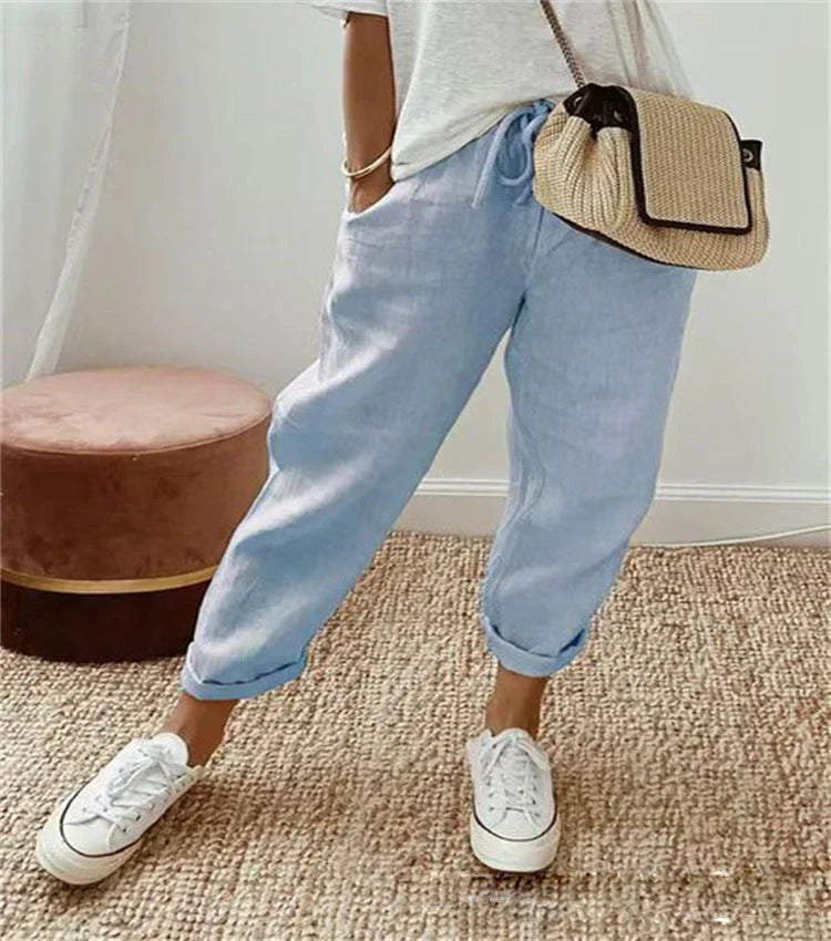 Comfortable Linen Drawstring Pants in Blue