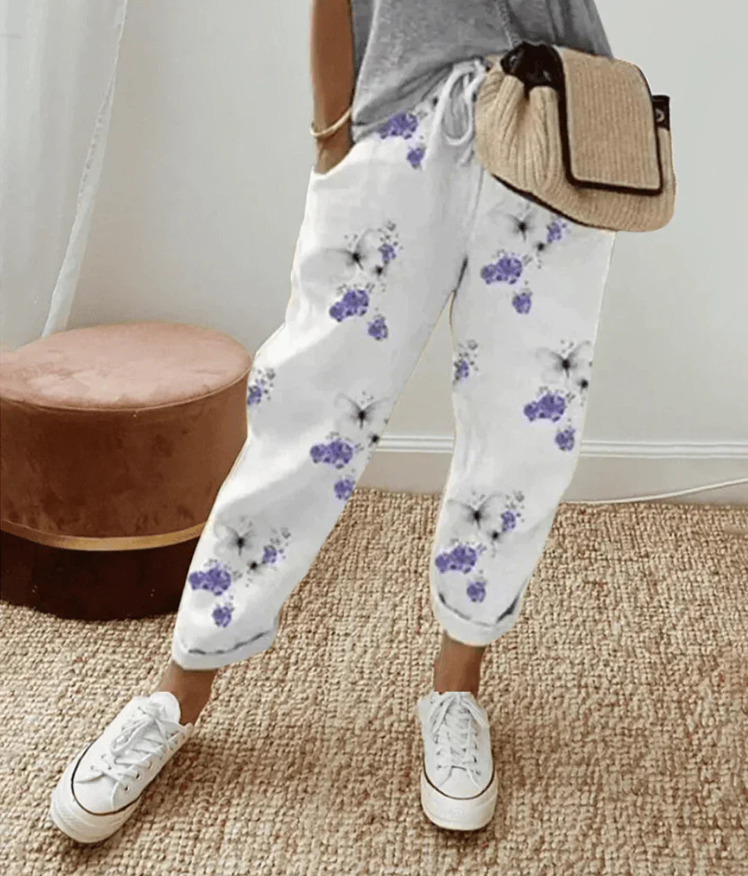 Comfortable Linen Drawstring Pants in Blumenmuster