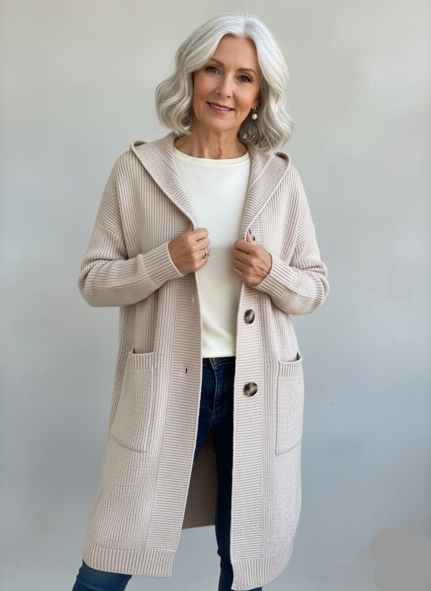 Cozy Women's Longline Hooded Knit Cardigan in Beige