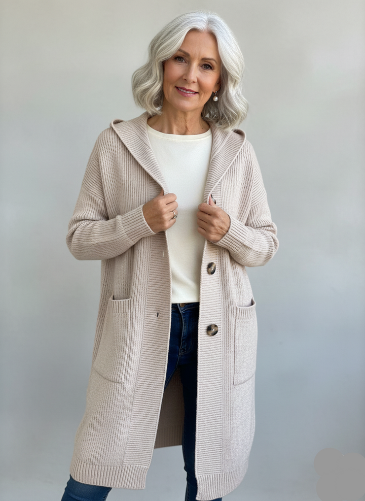 Cozy Women's Longline Hooded Knit Cardigan in Beige