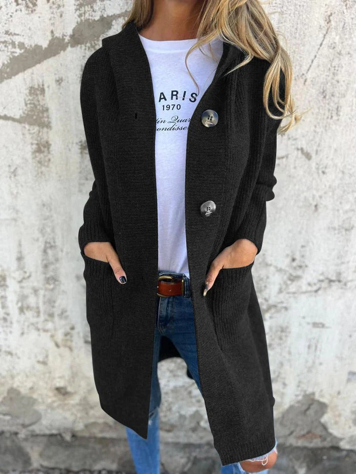 Cozy Women's Longline Hooded Knit Cardigan in Black