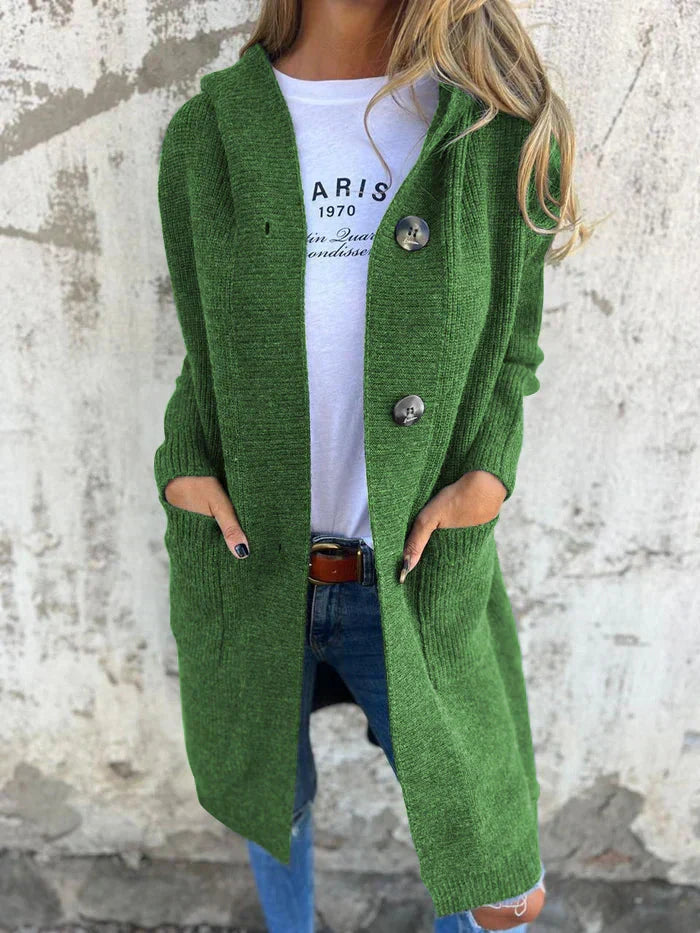 Cozy Women's Longline Hooded Knit Cardigan in Green