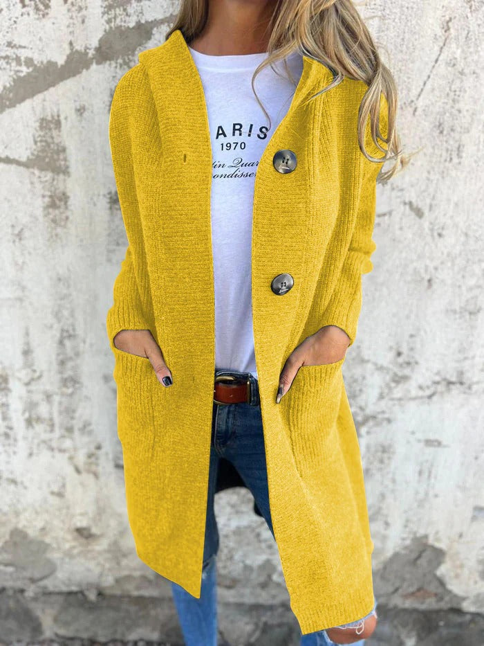 Cozy Women's Longline Hooded Knit Cardigan in Yellow
