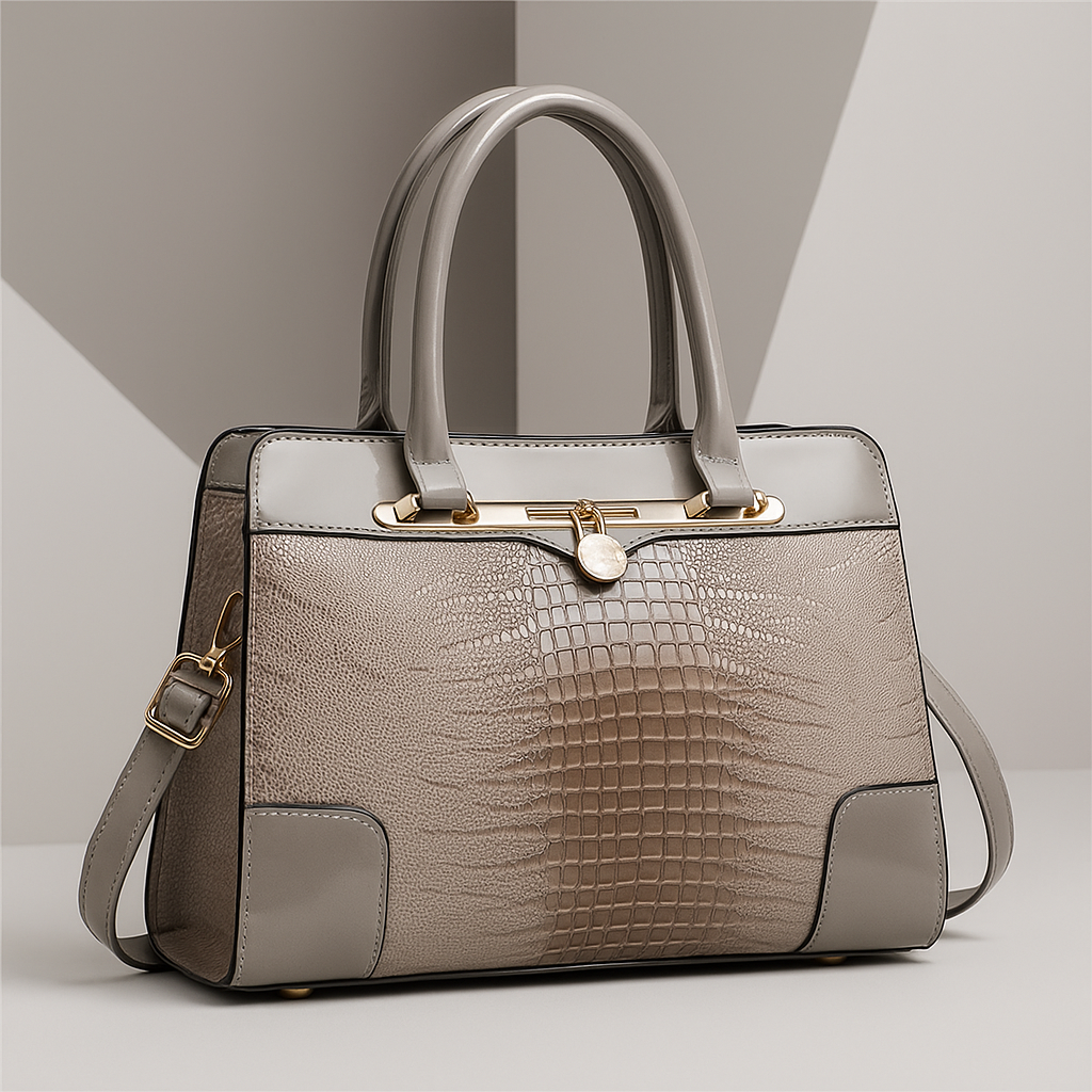 Croc-Effect Structured Leather Tote Bag in Beige