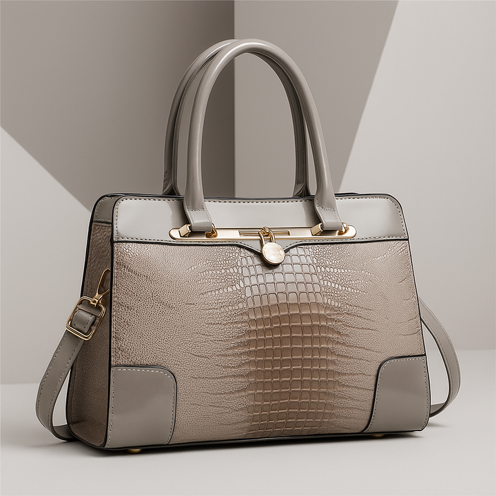 Croc-Effect Structured Leather Tote Bag in Beige