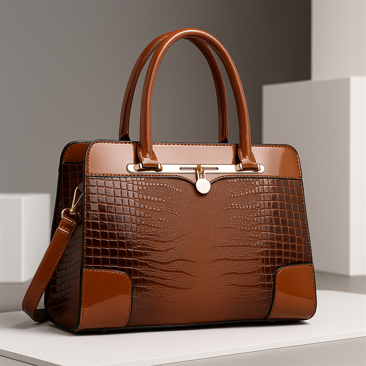 Croc-Effect Structured Leather Tote Bag in Dark Brown