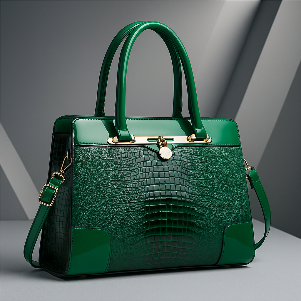 Croc-Effect Structured Leather Tote Bag in Green