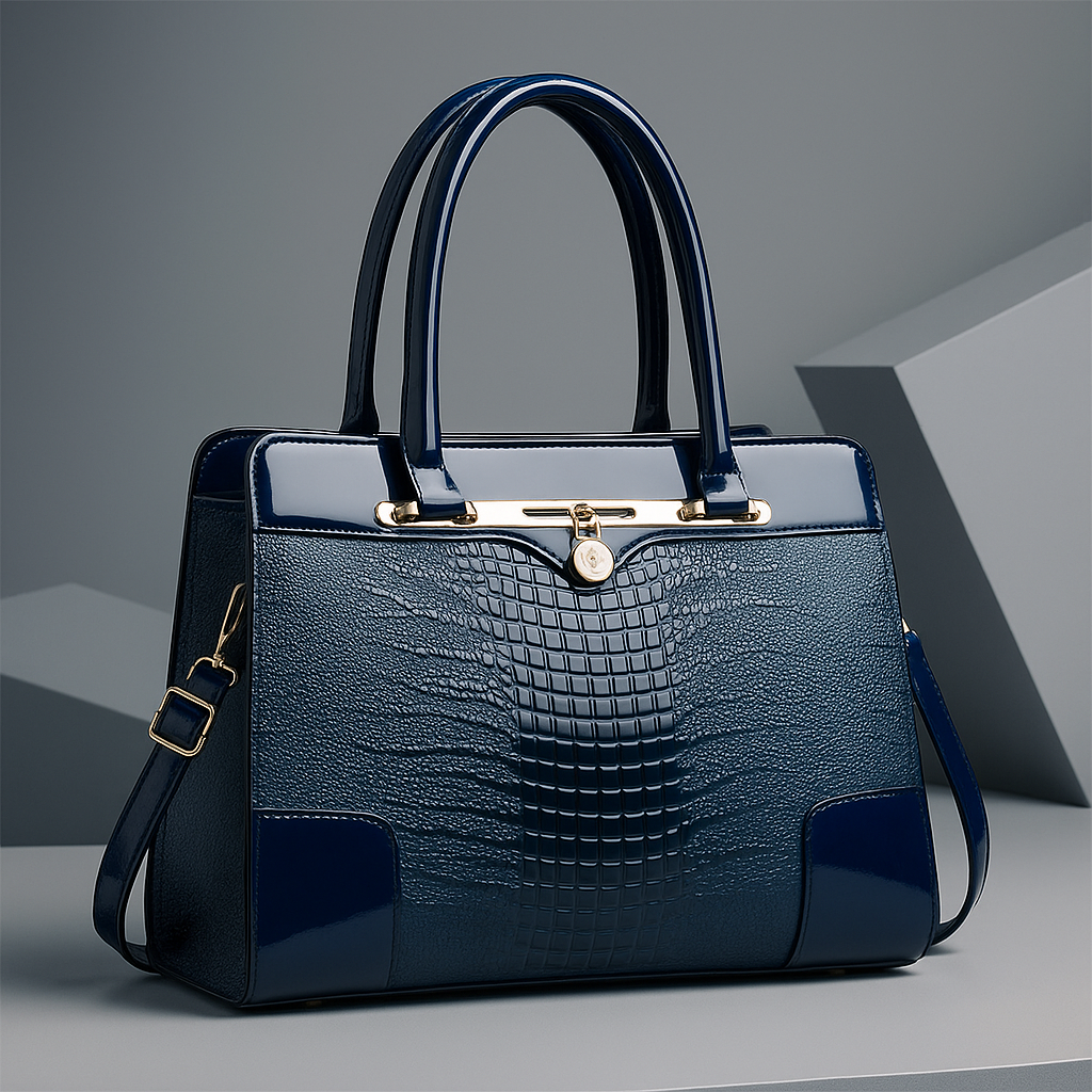 Croc-Effect Structured Leather Tote Bag in Navy Blue (Almost sold out)