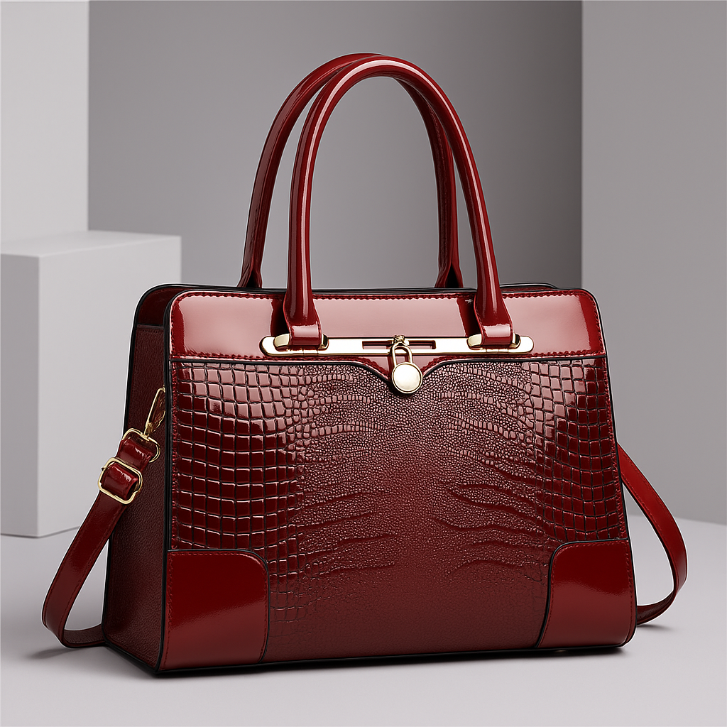 Croc-Effect Structured Leather Tote Bag in Red