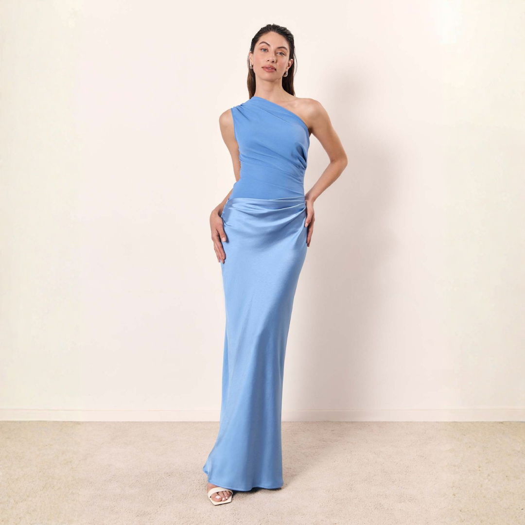 Damen Hochzeitsgast Kleid Ein-Schulter Abendkleid in Blue