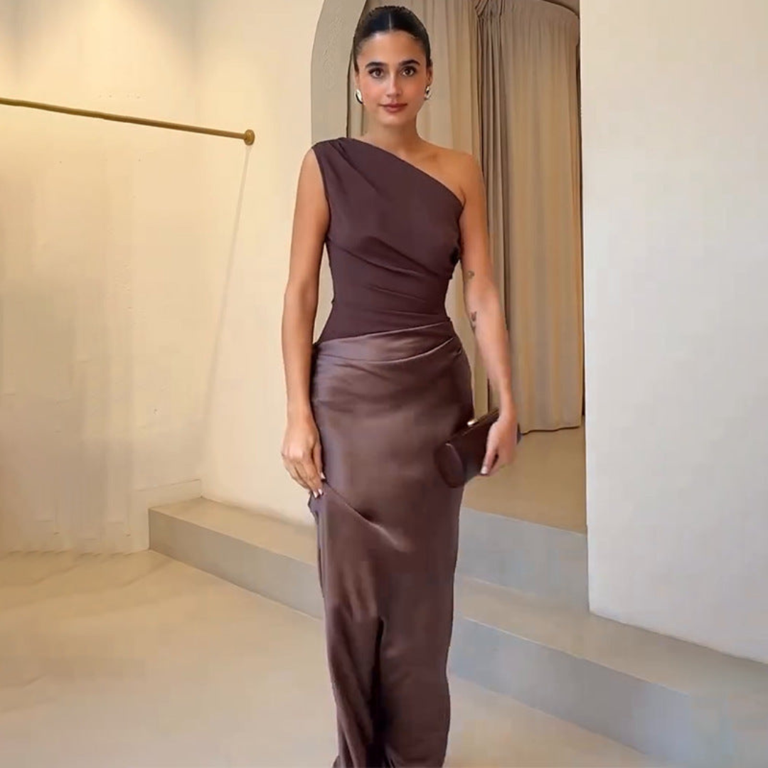 Damen Hochzeitsgast Kleid Ein-Schulter Abendkleid in Dark Brown