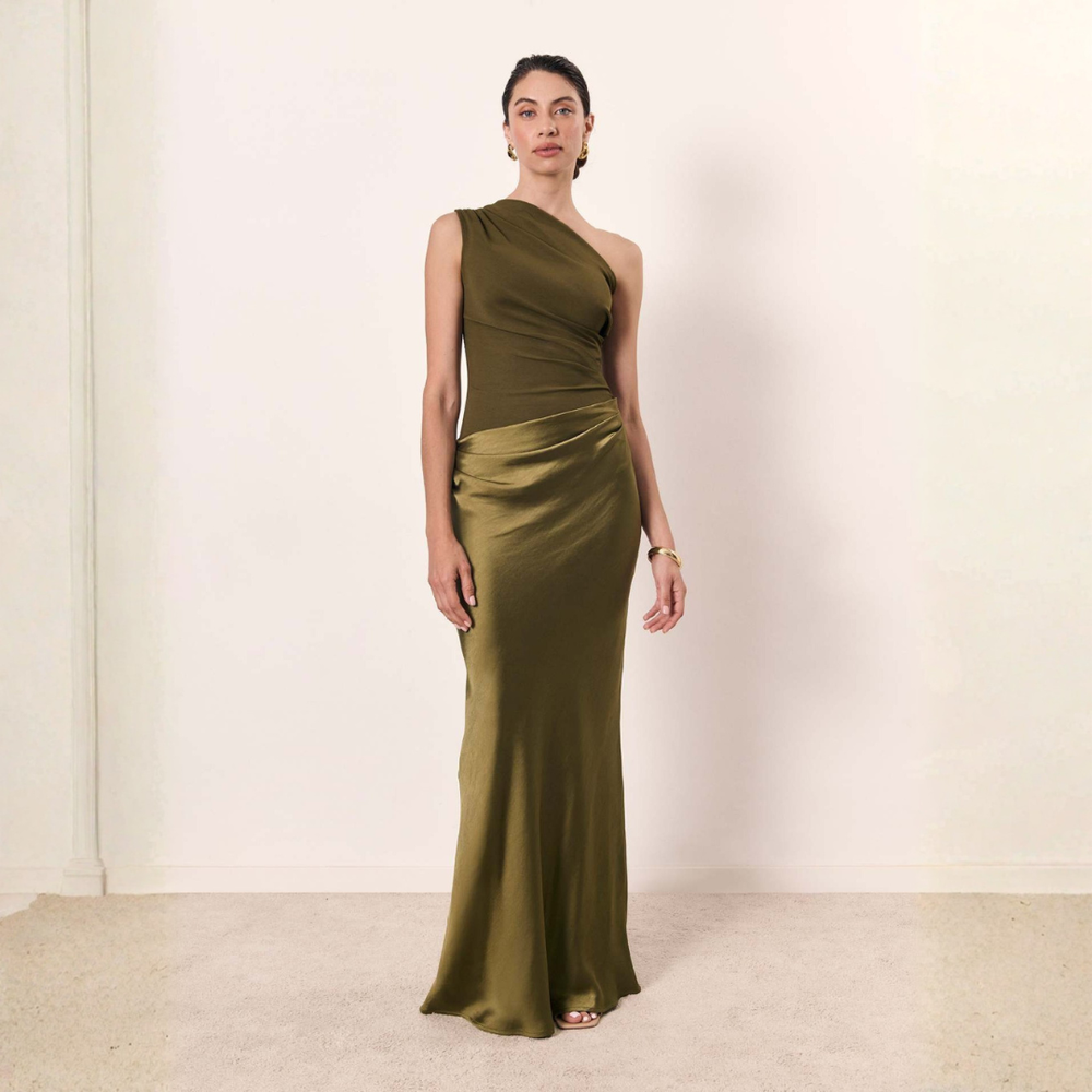 Damen Hochzeitsgast Kleid Ein-Schulter Abendkleid in Matcha
