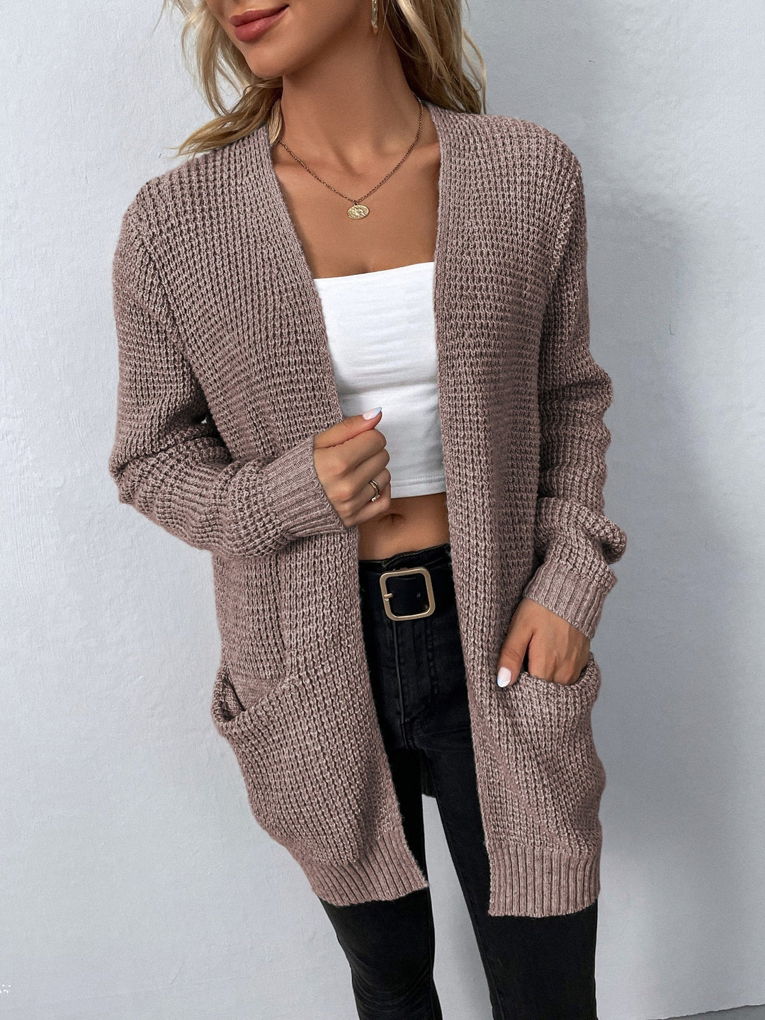 Damen Langärmlige Strickjacke mit offener in Light Pink