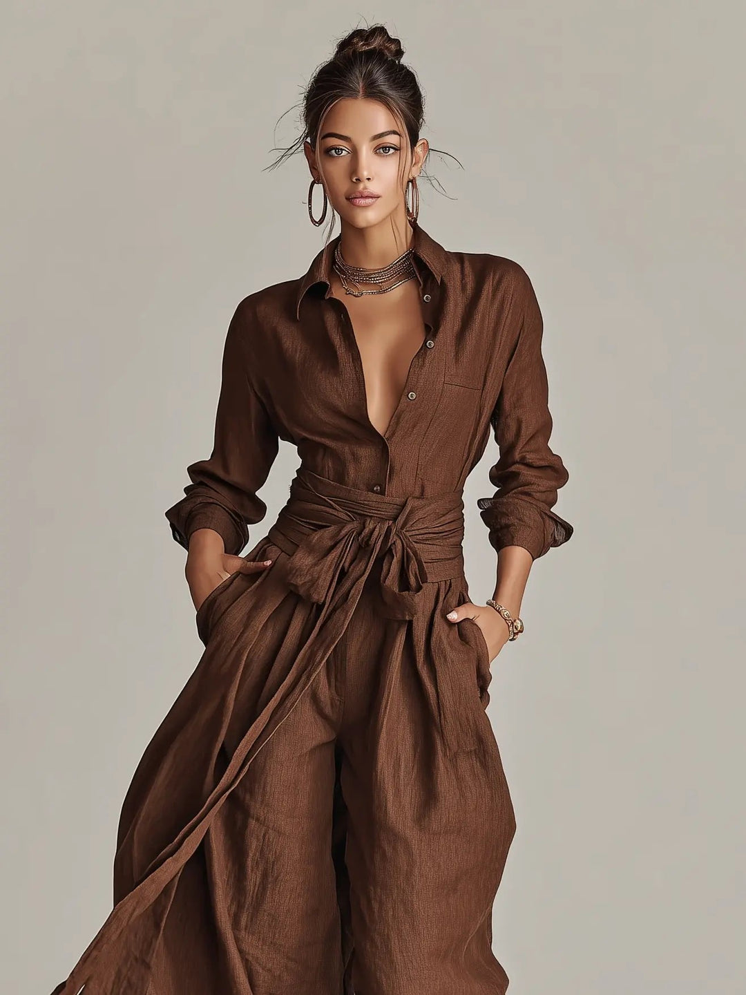 Damen Linen Langarm Hemdkragen Gürtel (2)