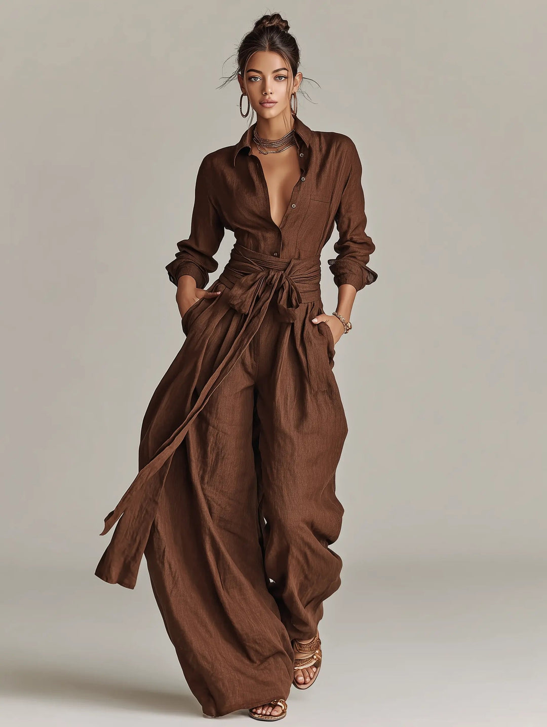 Damen Linen Langarm Hemdkragen Gürtel (3)