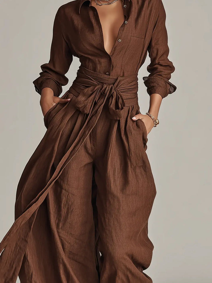 Damen Linen Langarm Hemdkragen Gürtel (7)