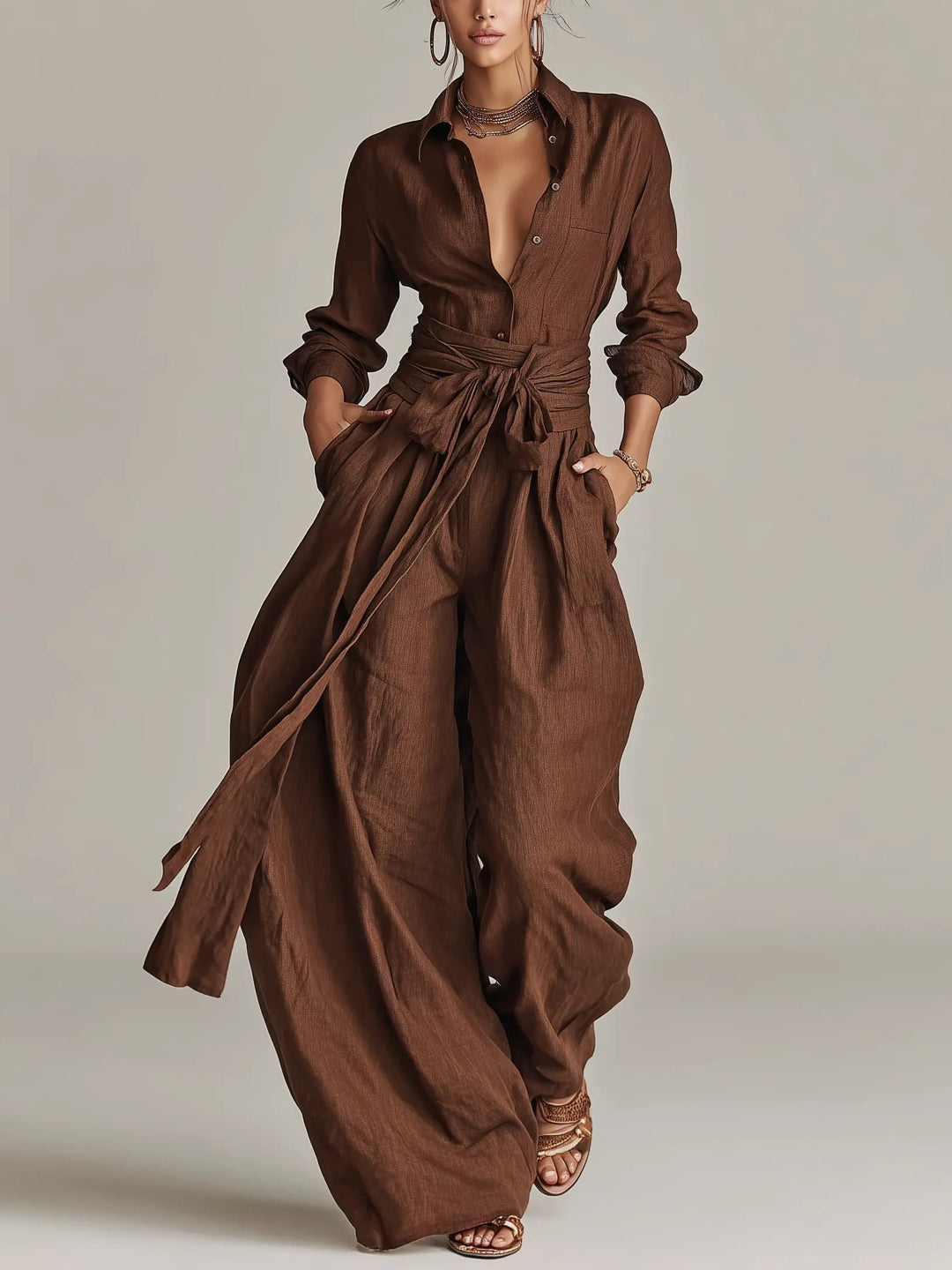 Damen Linen Langarm Hemdkragen Gürtel in Brown