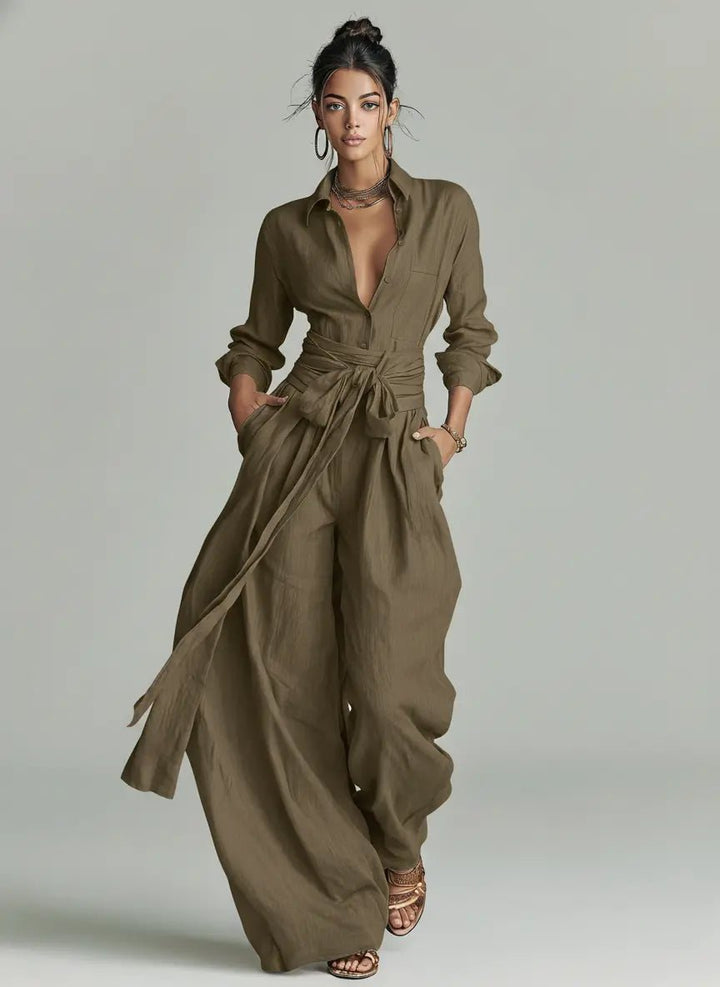 Damen Linen Langarm Hemdkragen Gürtel in Kaltes Braun