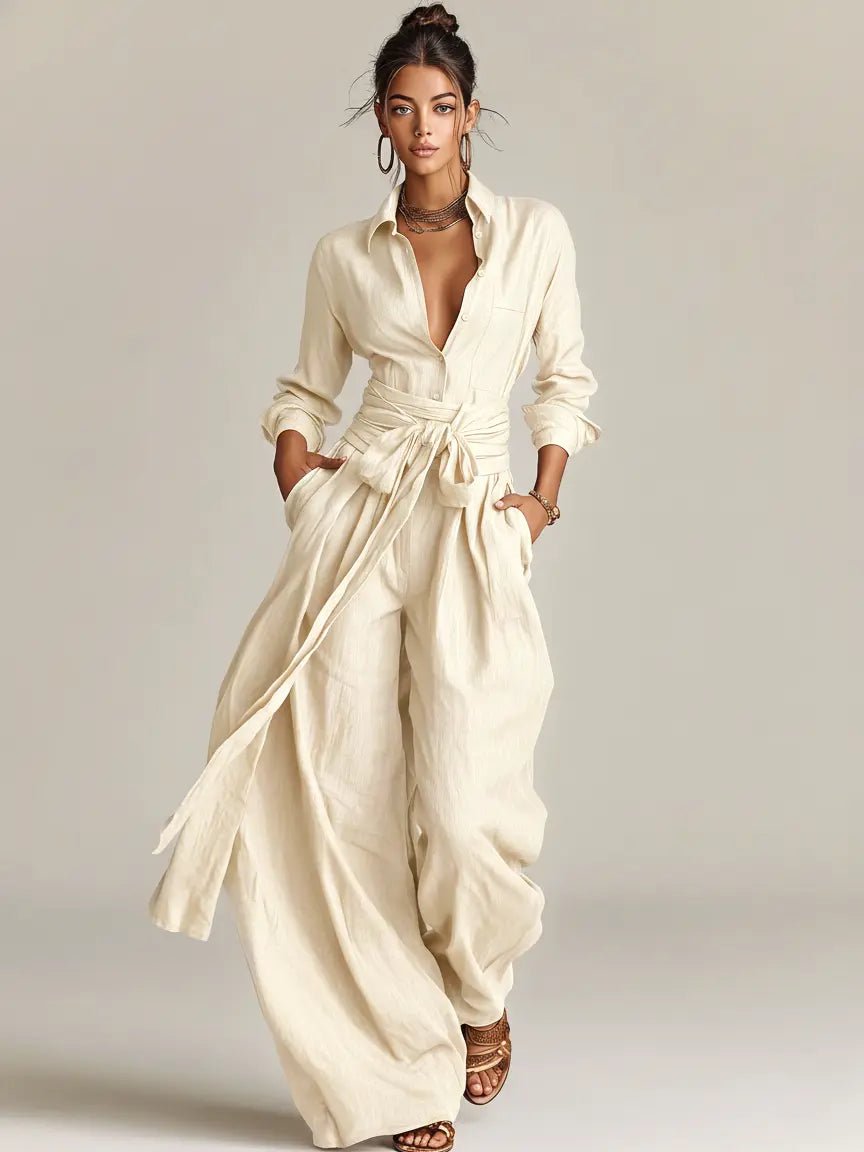 Damen Linen Langarm Hemdkragen Gürtel in White