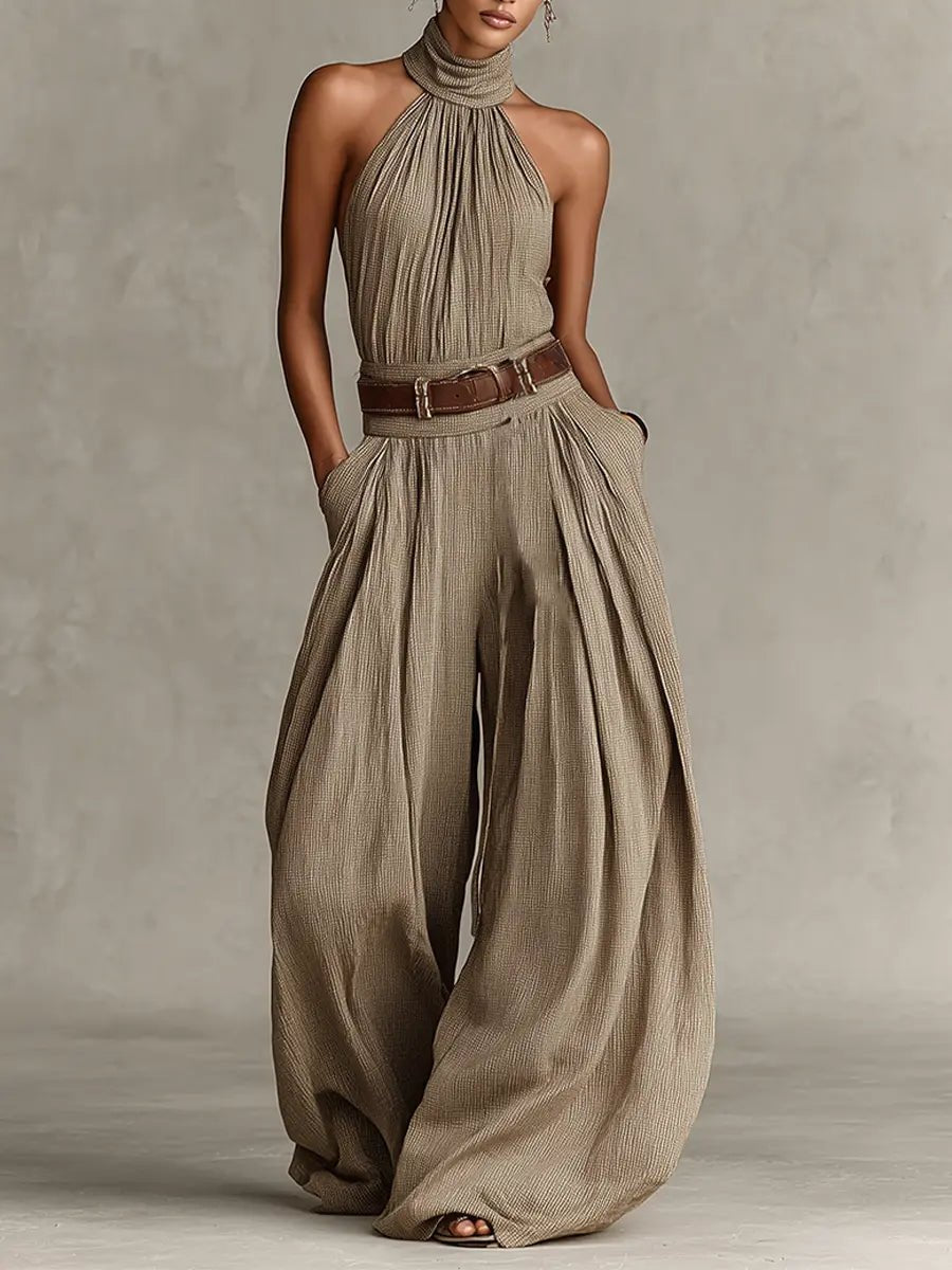 Damen Neckholder Weites Bein Jumpsuit in Brown