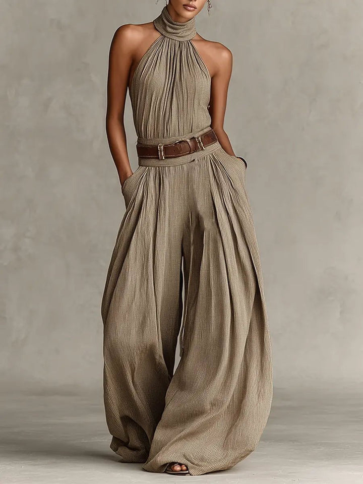 Damen Neckholder Weites Bein Jumpsuit in Brown