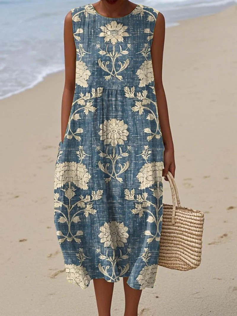 Dora Linen Beach Dress with Blue Floral Print Foto 1