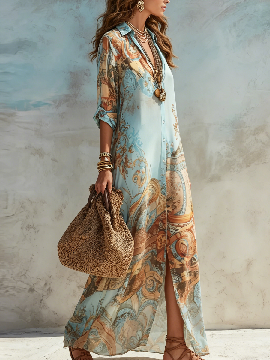 Elegant Boho Linen Maxi Dress in Light Blue 2