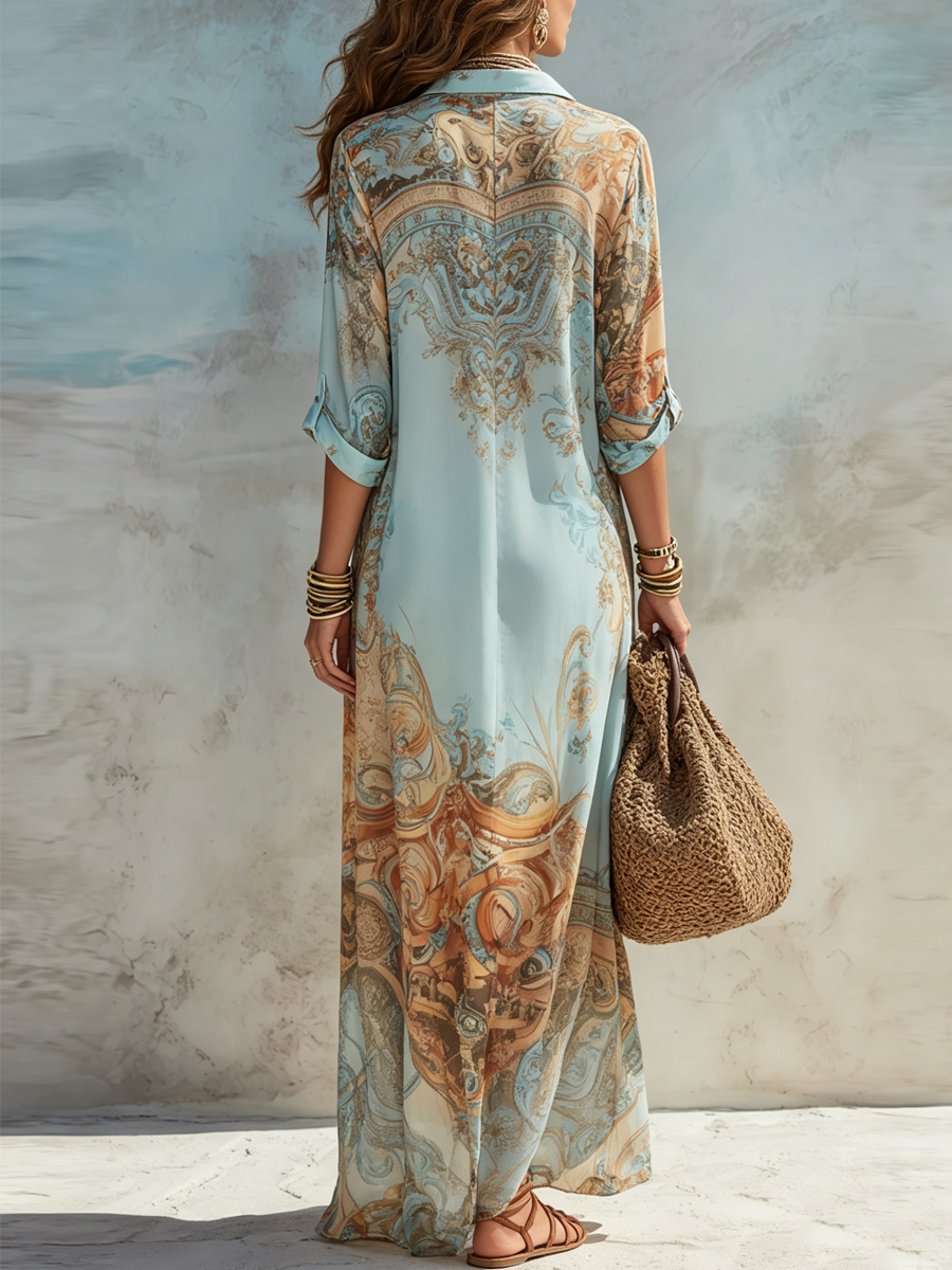 Elegant Boho Linen Maxi Dress in Light Blue 3