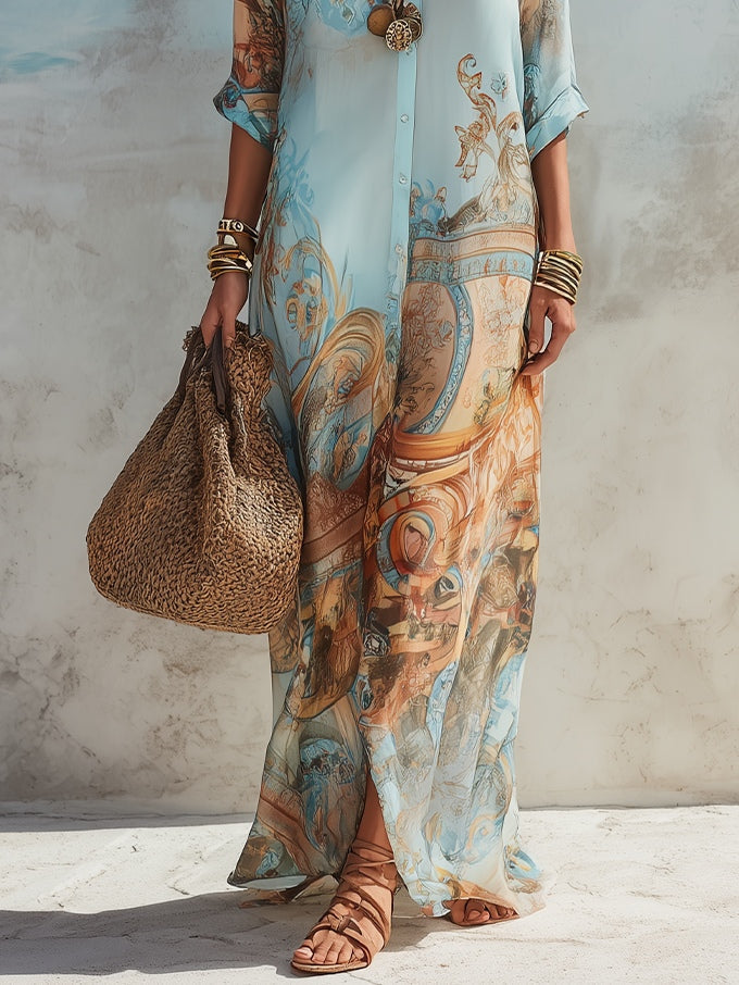 Elegant Boho Linen Maxi Dress in Light Blue 5