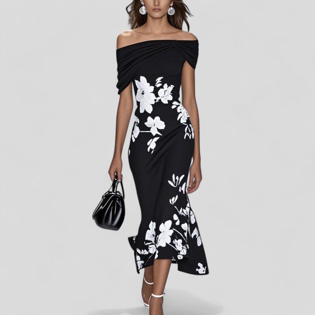 Elegant Dress in Off-Shoulder Midi with Floral in Black