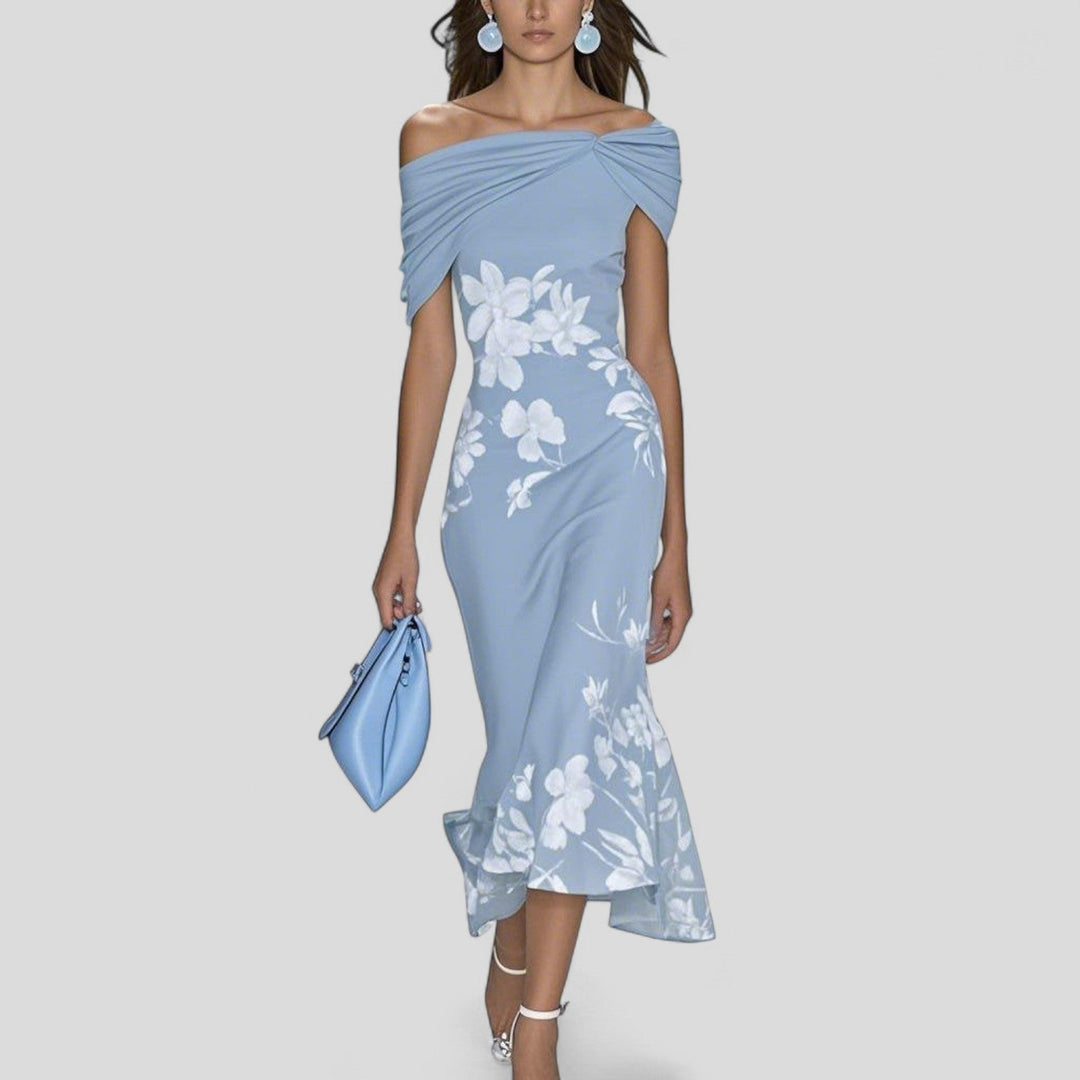 Elegant Dress in Off-Shoulder Midi with Floral in Blue