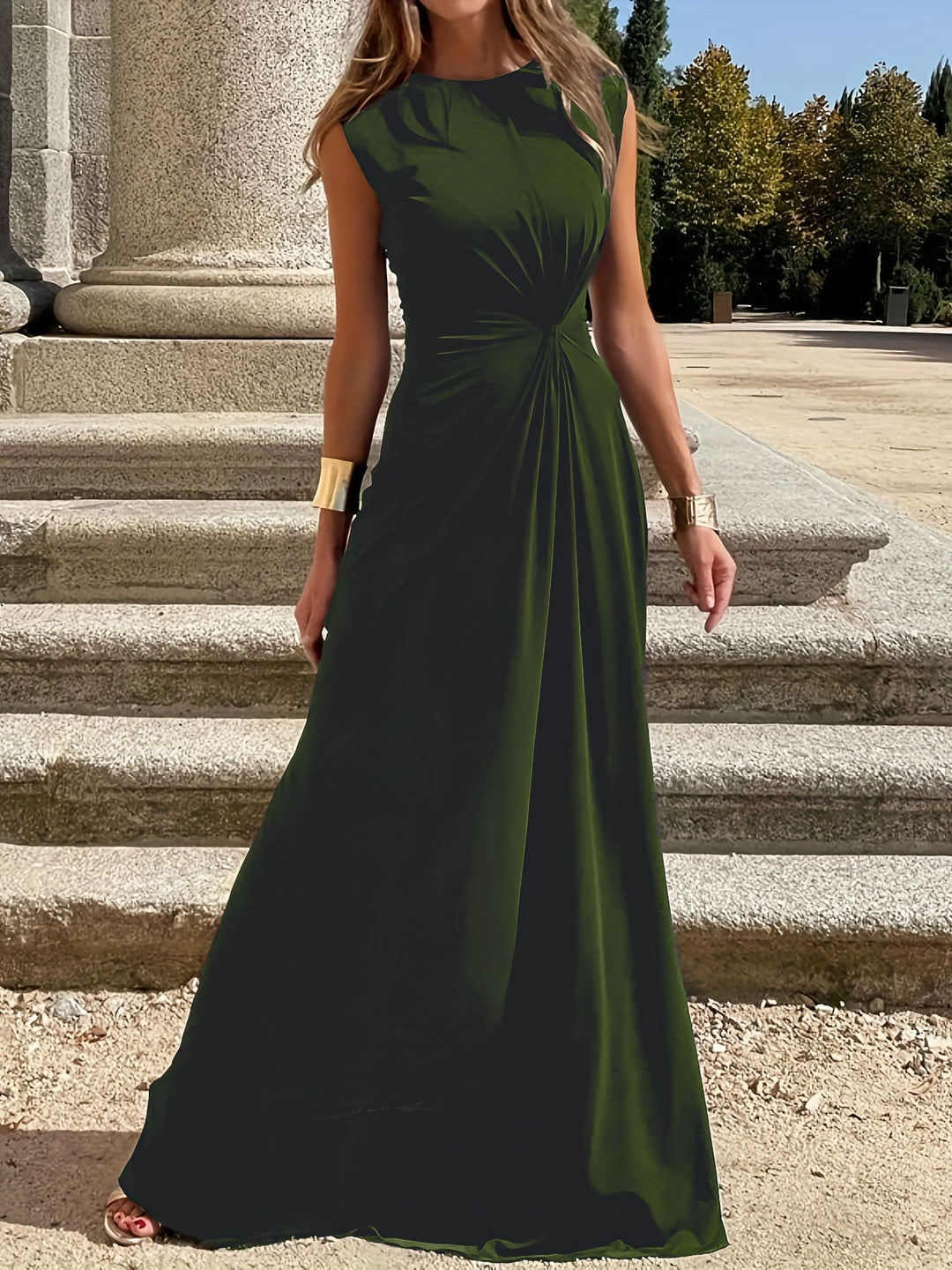 Elegant Evening Dress with Stylish Pleats in Olive green