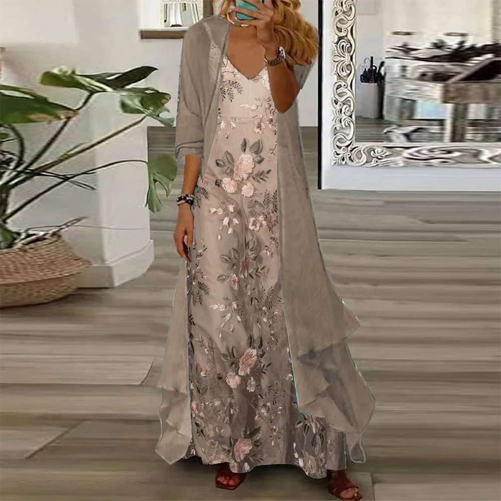Elegant Floral Maxi Beach Dress in Beige