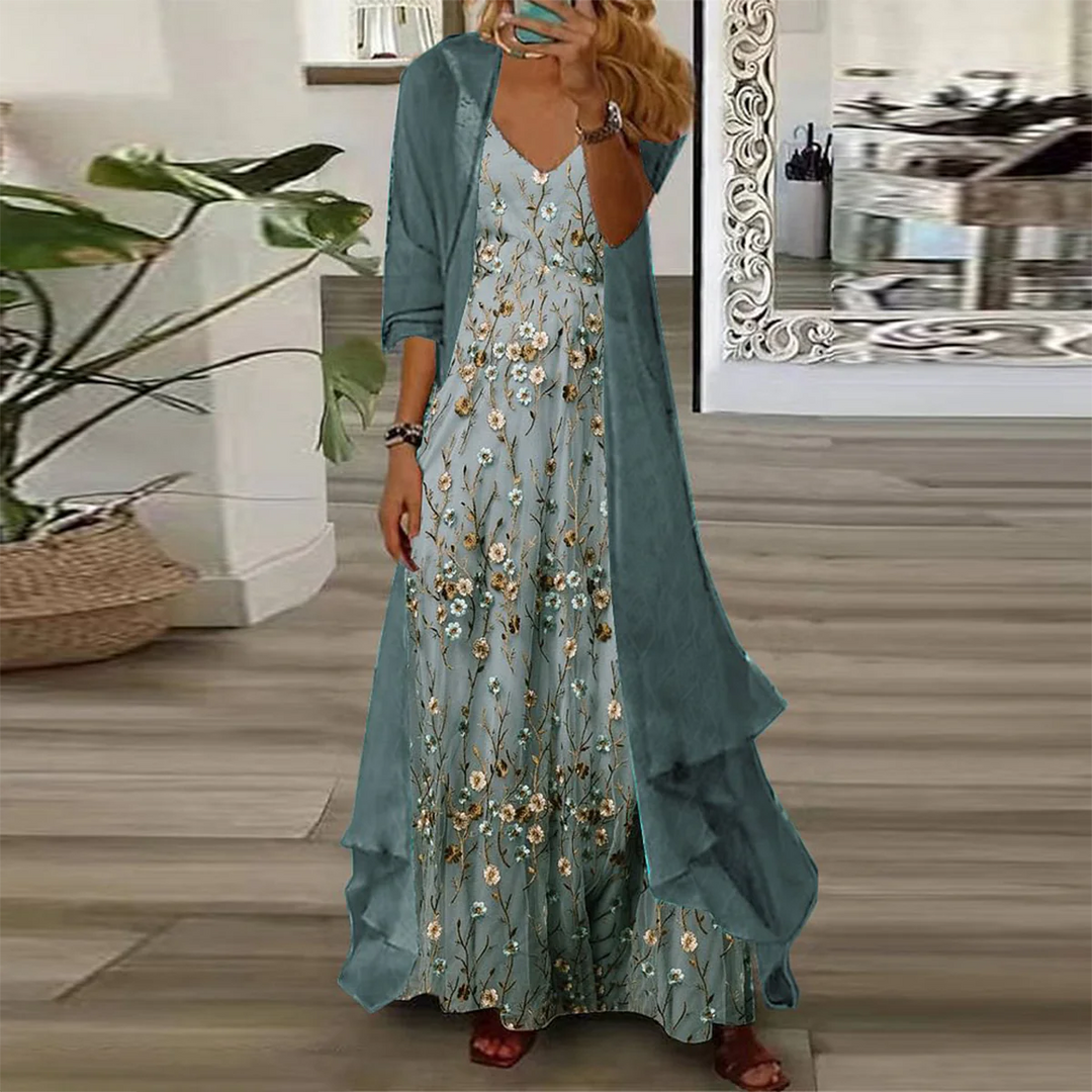 Elegant Floral Maxi Beach Dress in Blue