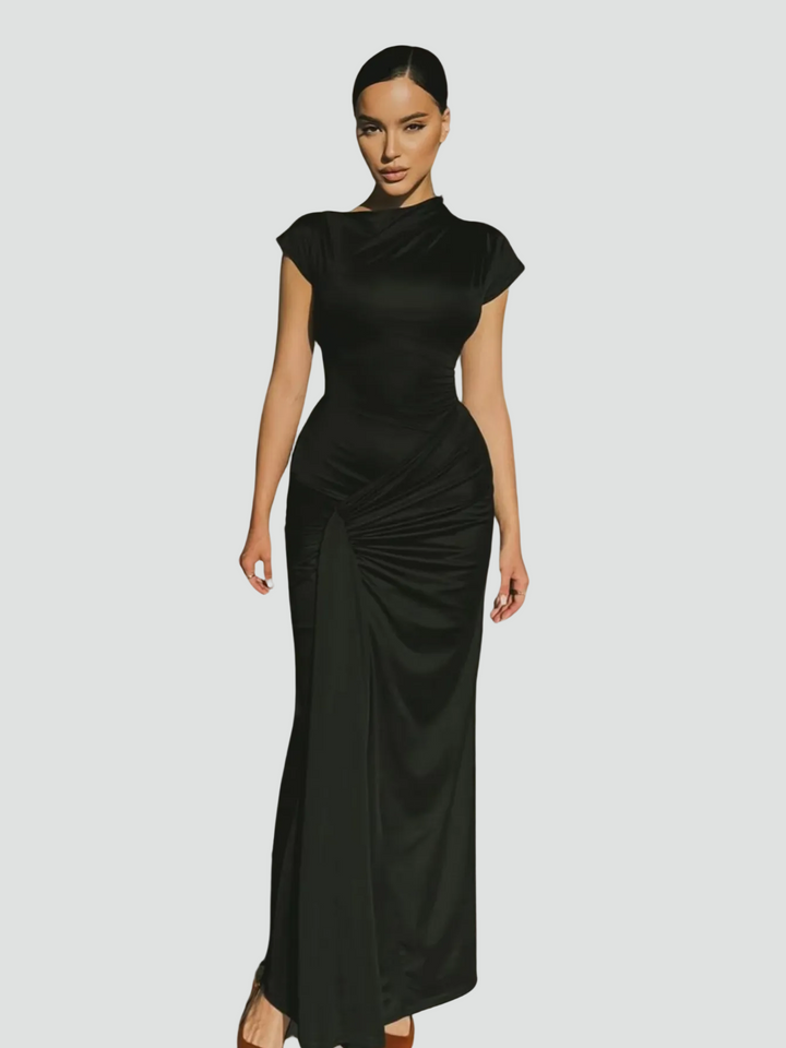 Elegant Women's Maxi Cocktail Dress with Short Sleeves in Black