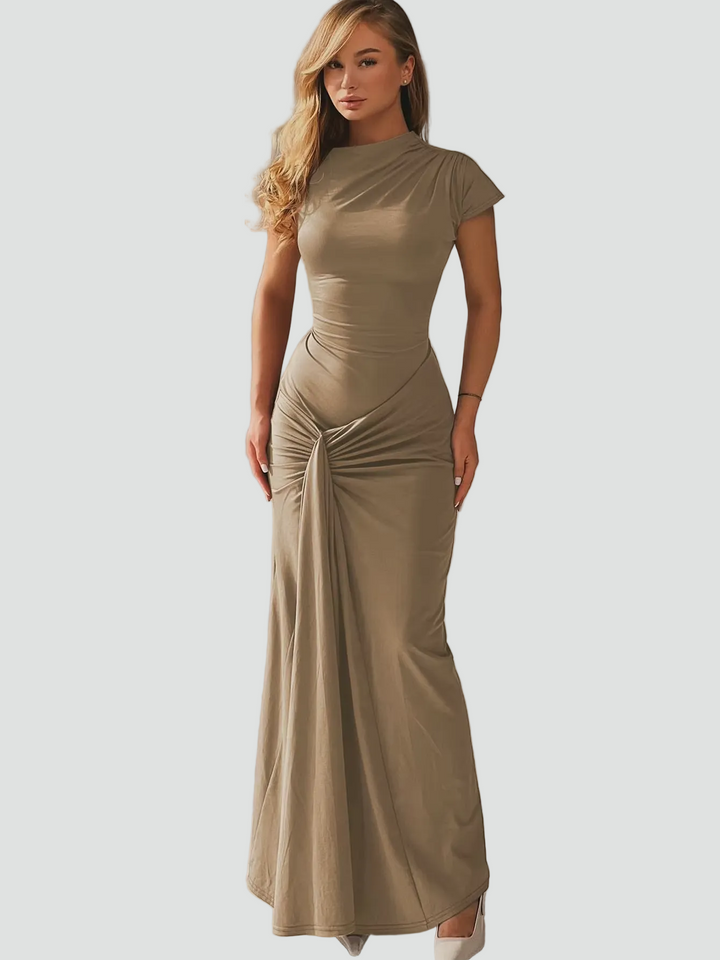 Elegant Women's Maxi Cocktail Dress with Short Sleeves in Khaki
