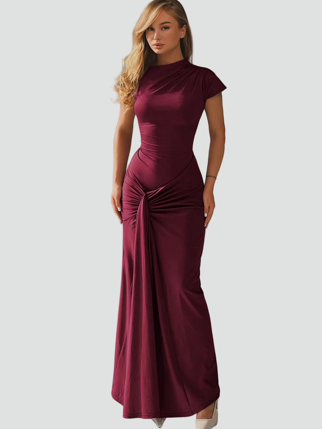 Elegant Women's Maxi Cocktail Dress with Short Sleeves in Rode wijn