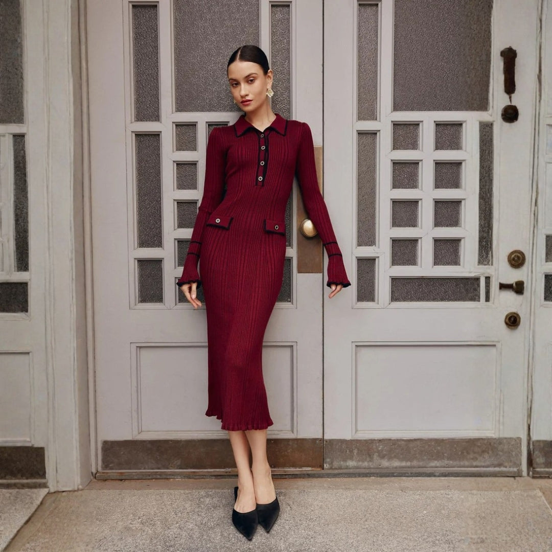 Ethel Ribbed Knit Dress with Polo Collar and Buttons Foto 3