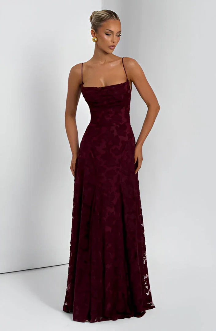 Ethereal Floral A-Line Maxi Wedding Guest Dress in Burgundy