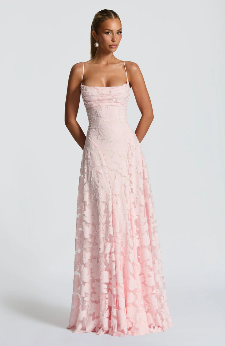 Ethereal Floral A-Line Maxi Wedding Guest Dress in Pink